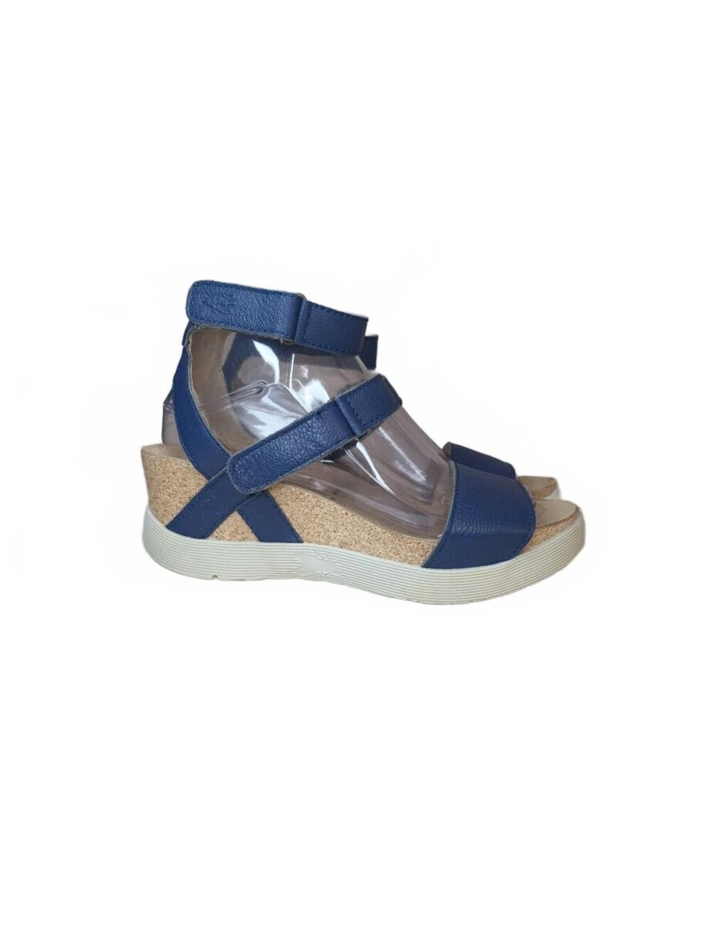 Fly London Women's Dark Blue Leather Cork Wedge Sandals Made in Portugal Size 39